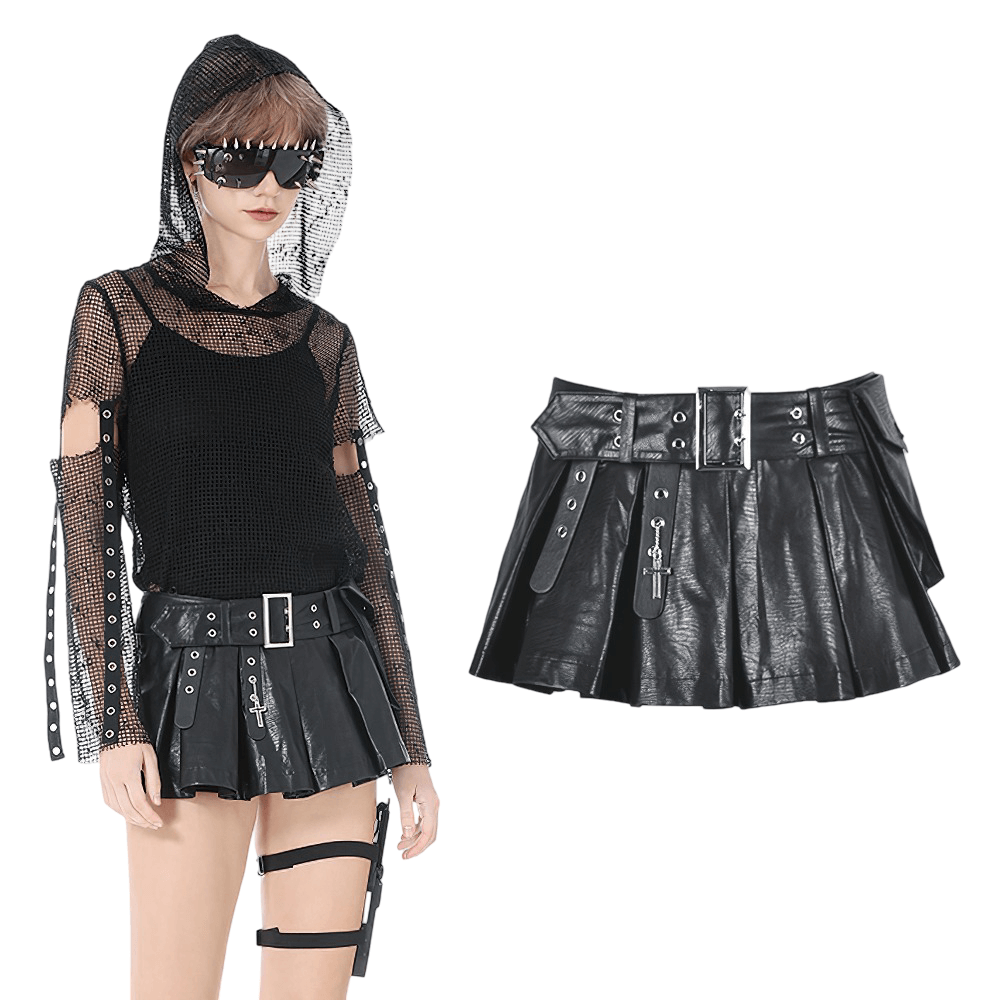 Bold Pleated Skirt Shorts with Belt and Cross Charm