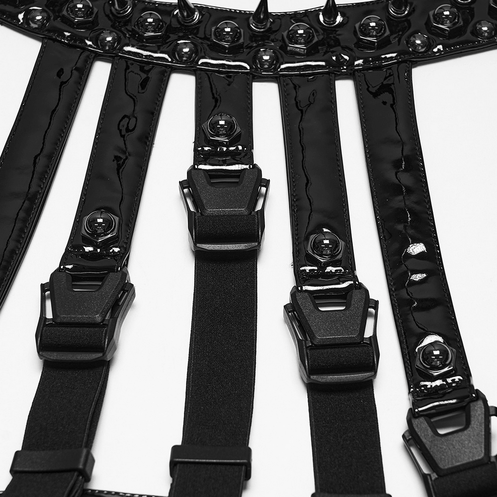 Bold Punk Patent Leather Harness with Spike Collar