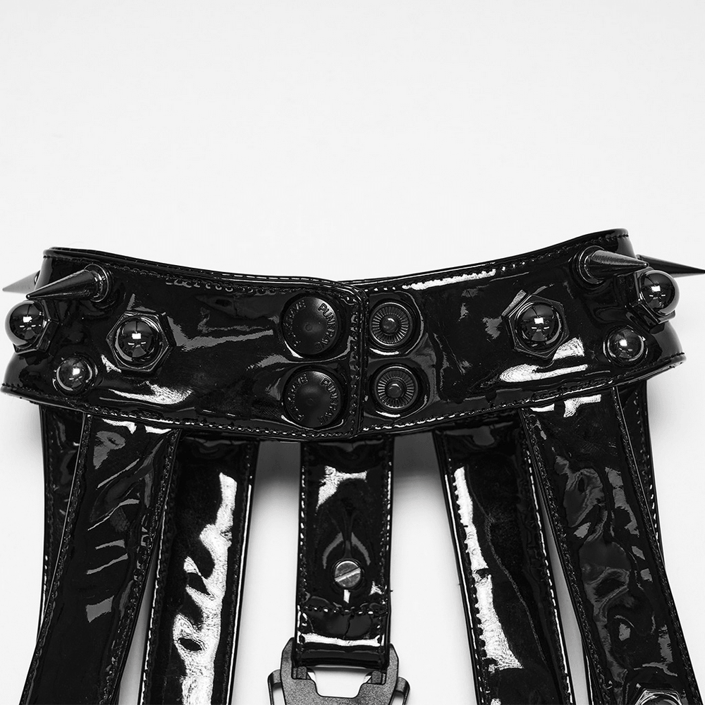 Bold Punk Patent Leather Harness with Spike Collar