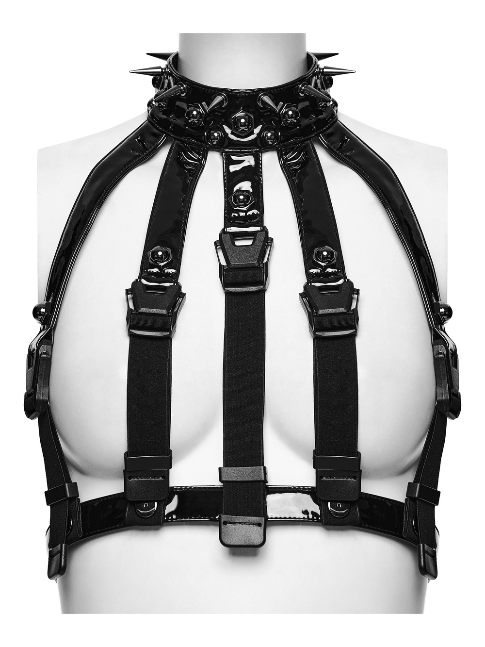 Bold Punk Patent Leather Harness with Spike Collar