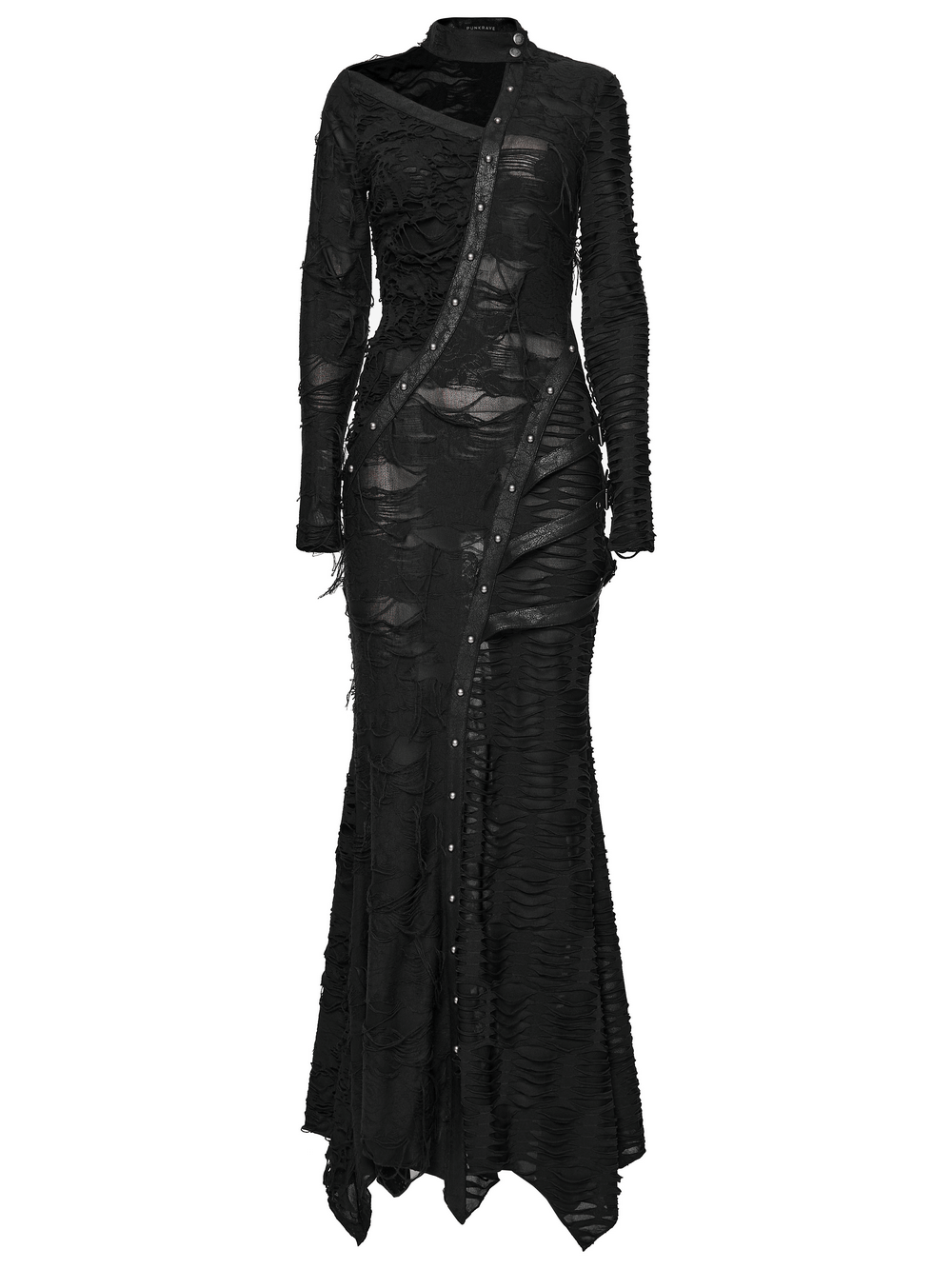 Bold Ragged Knit and Leather Long Asymmetric Dress
