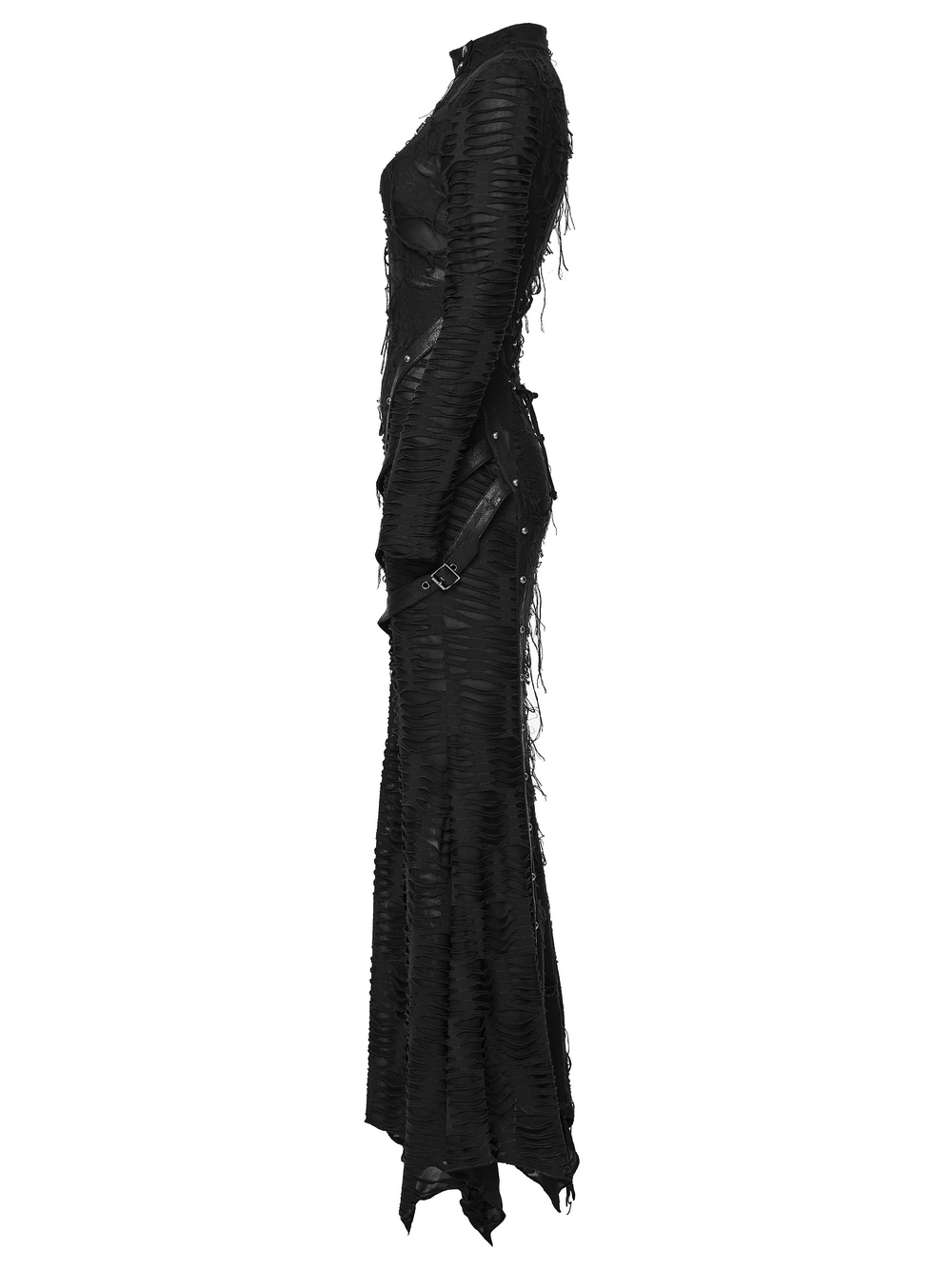 Bold Ragged Knit and Leather Long Asymmetric Dress