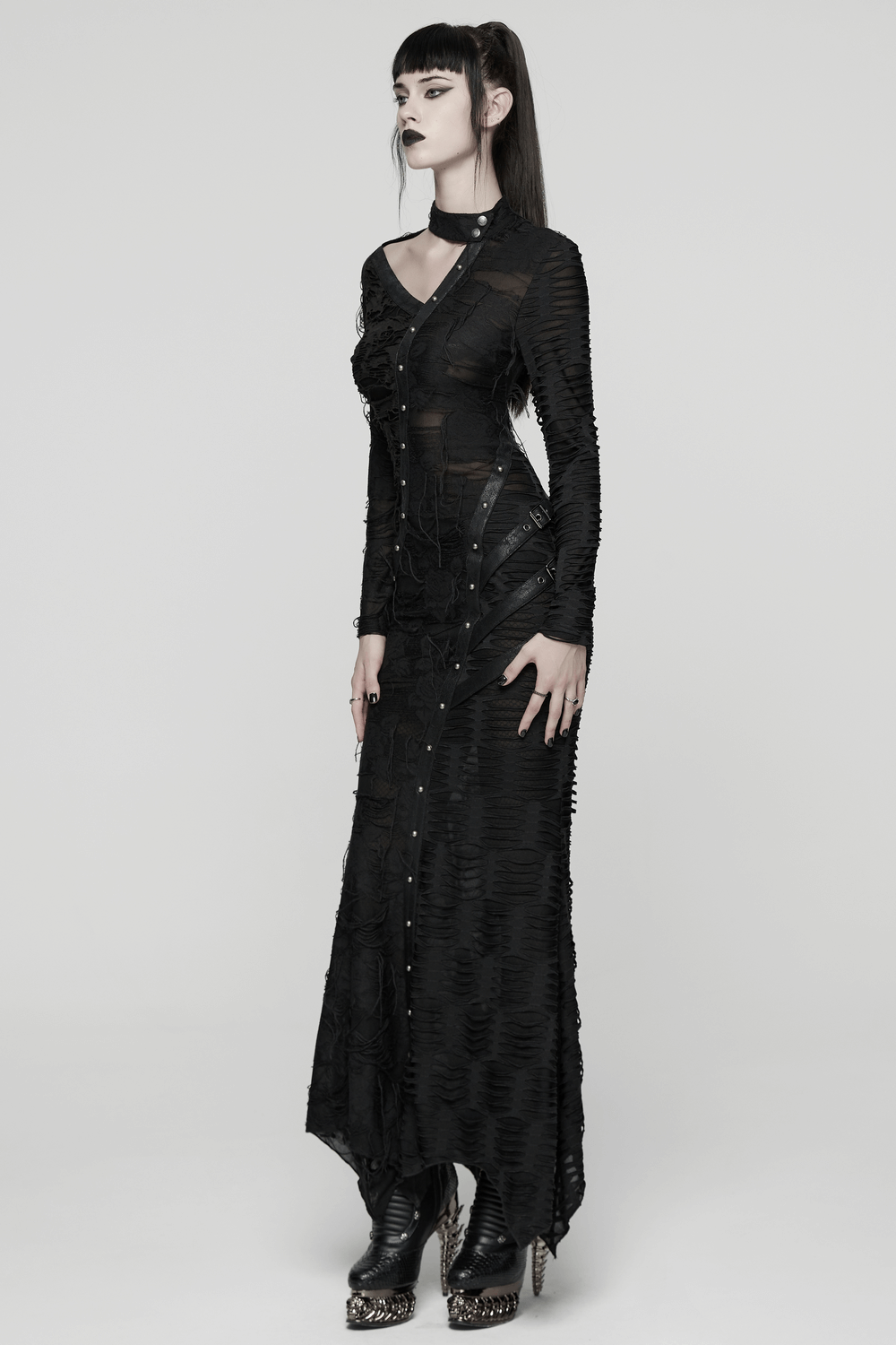 Bold Ragged Knit and Leather Long Asymmetric Dress