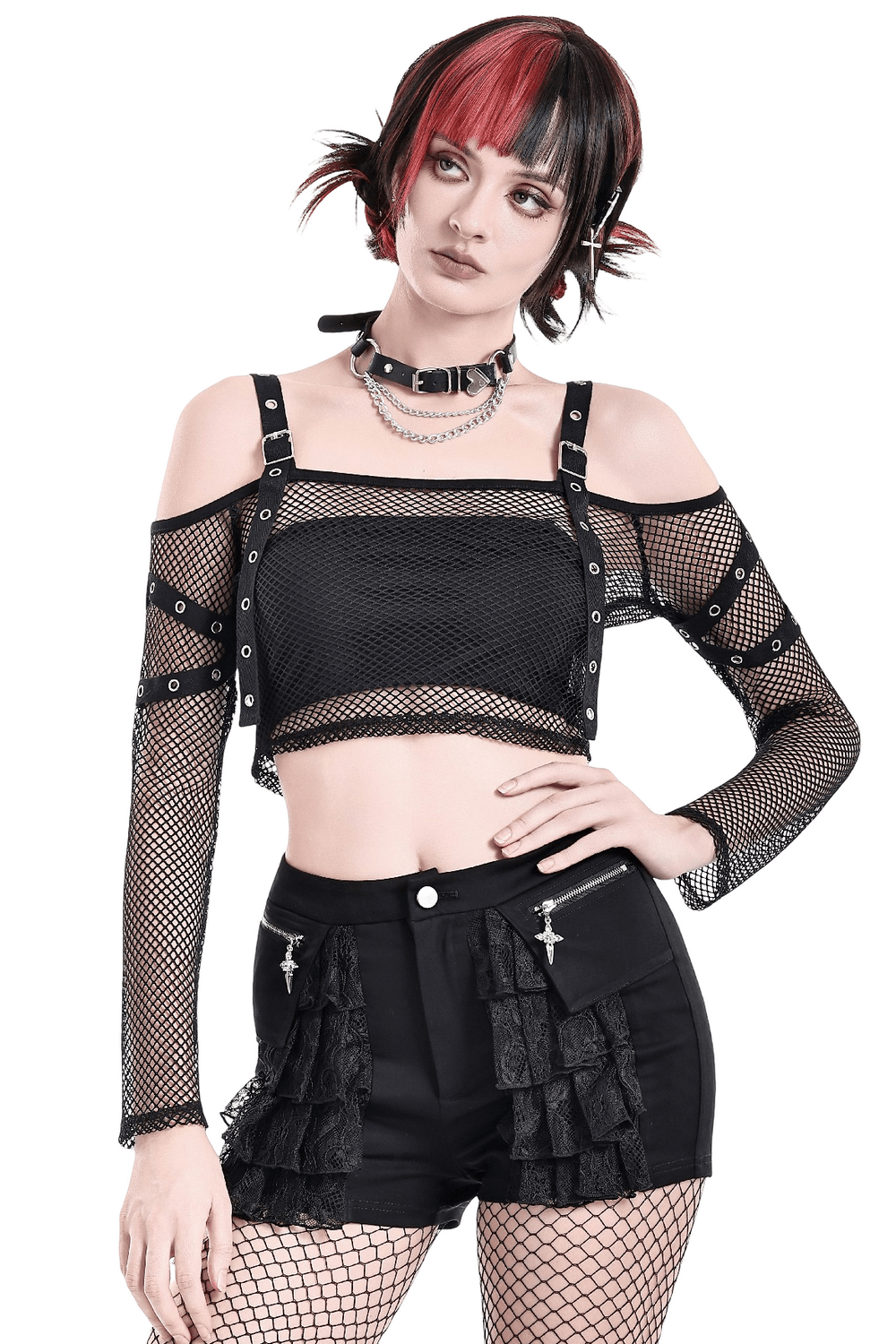 Bold Women's Fishnet Crop Top with Studded Strap Details