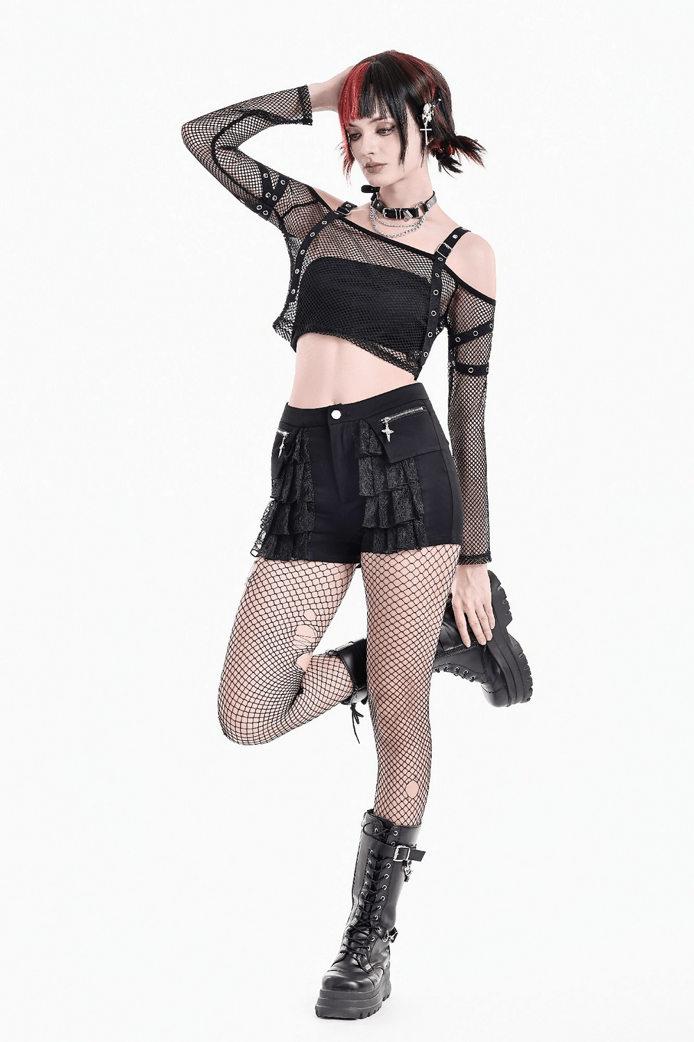 Bold Women's Fishnet Crop Top with Studded Strap Details