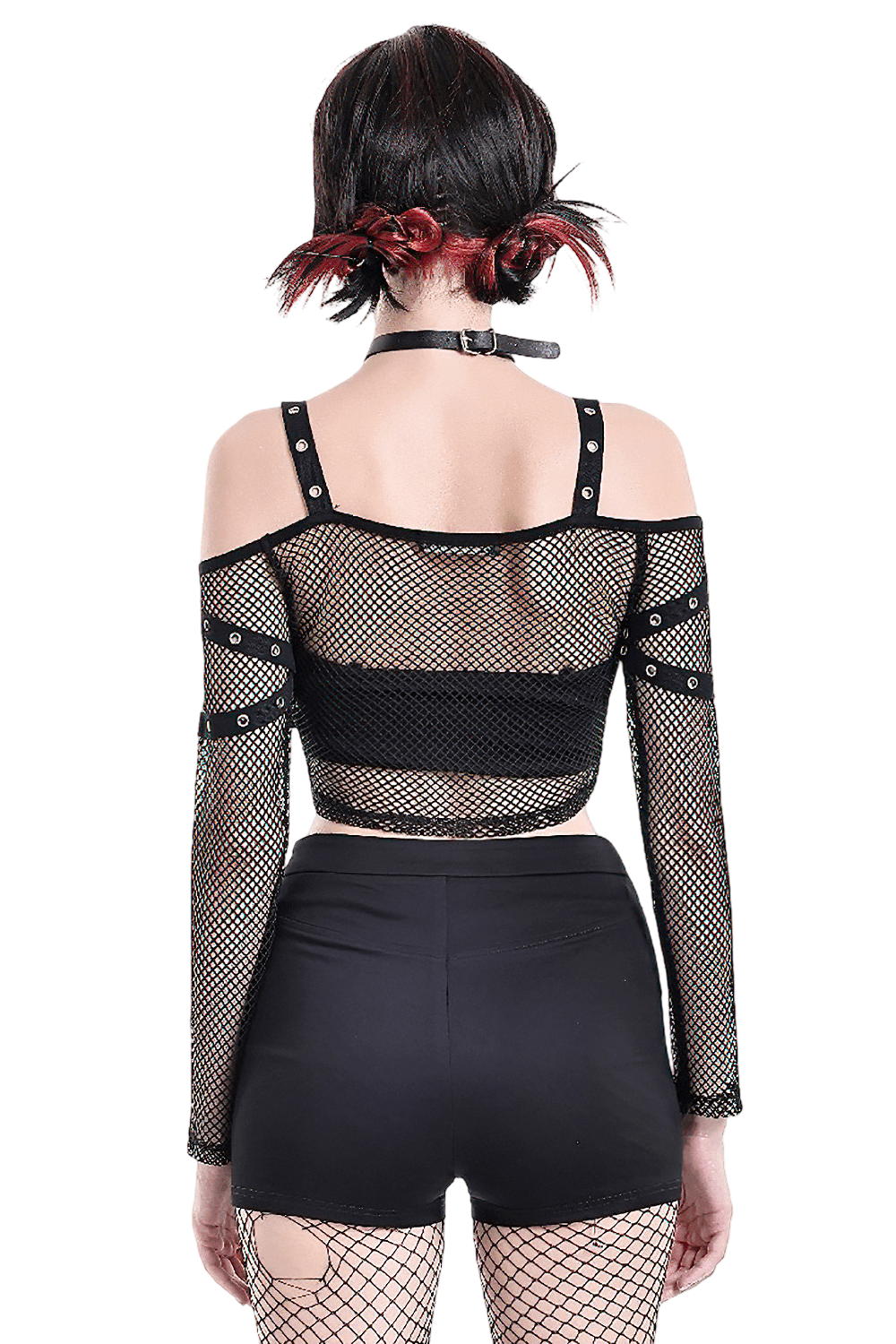 Bold Women's Fishnet Crop Top with Studded Strap Details