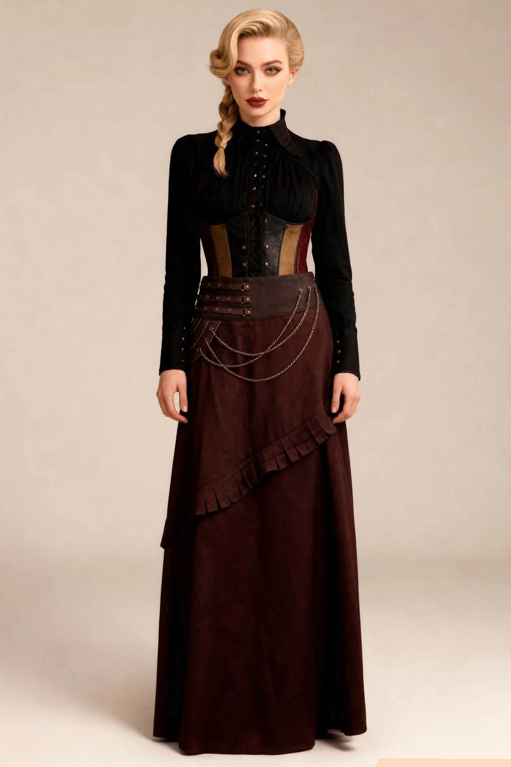 Brown Steampunk A-Line Skirt with Chain and Pleat Detail
