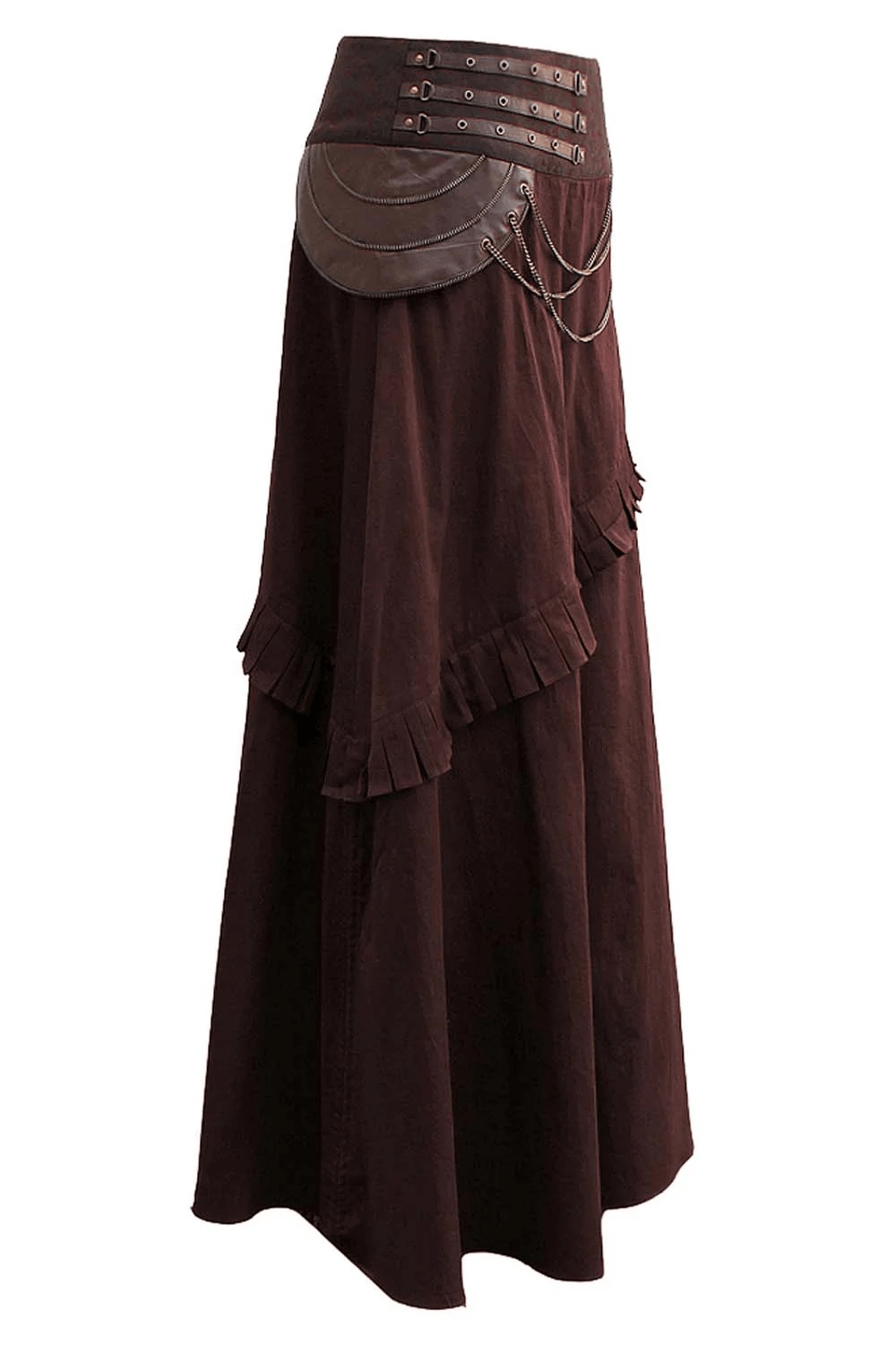 Brown Steampunk A-Line Skirt with Chain and Pleat Detail