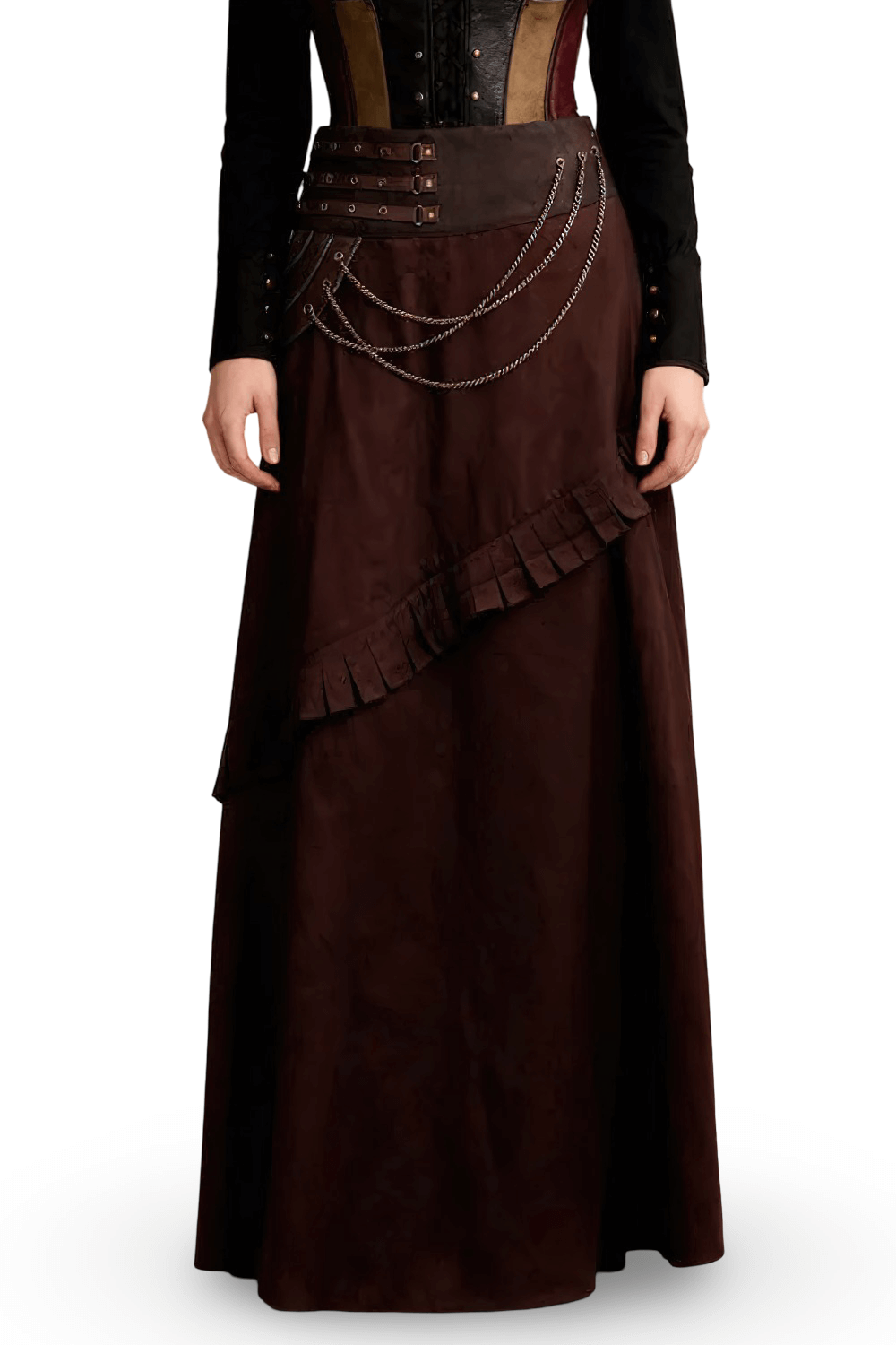 Brown Steampunk A-Line Skirt with Chain and Pleat Detail