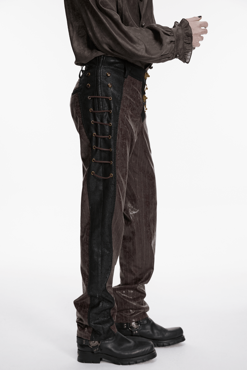 Brown Steampunk Faux Leather Striped Pants with Clasps