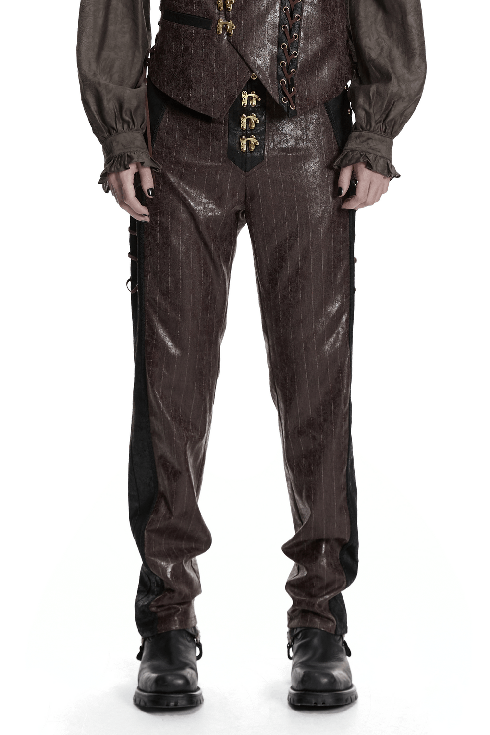 Brown Steampunk Faux Leather Striped Pants with Clasps