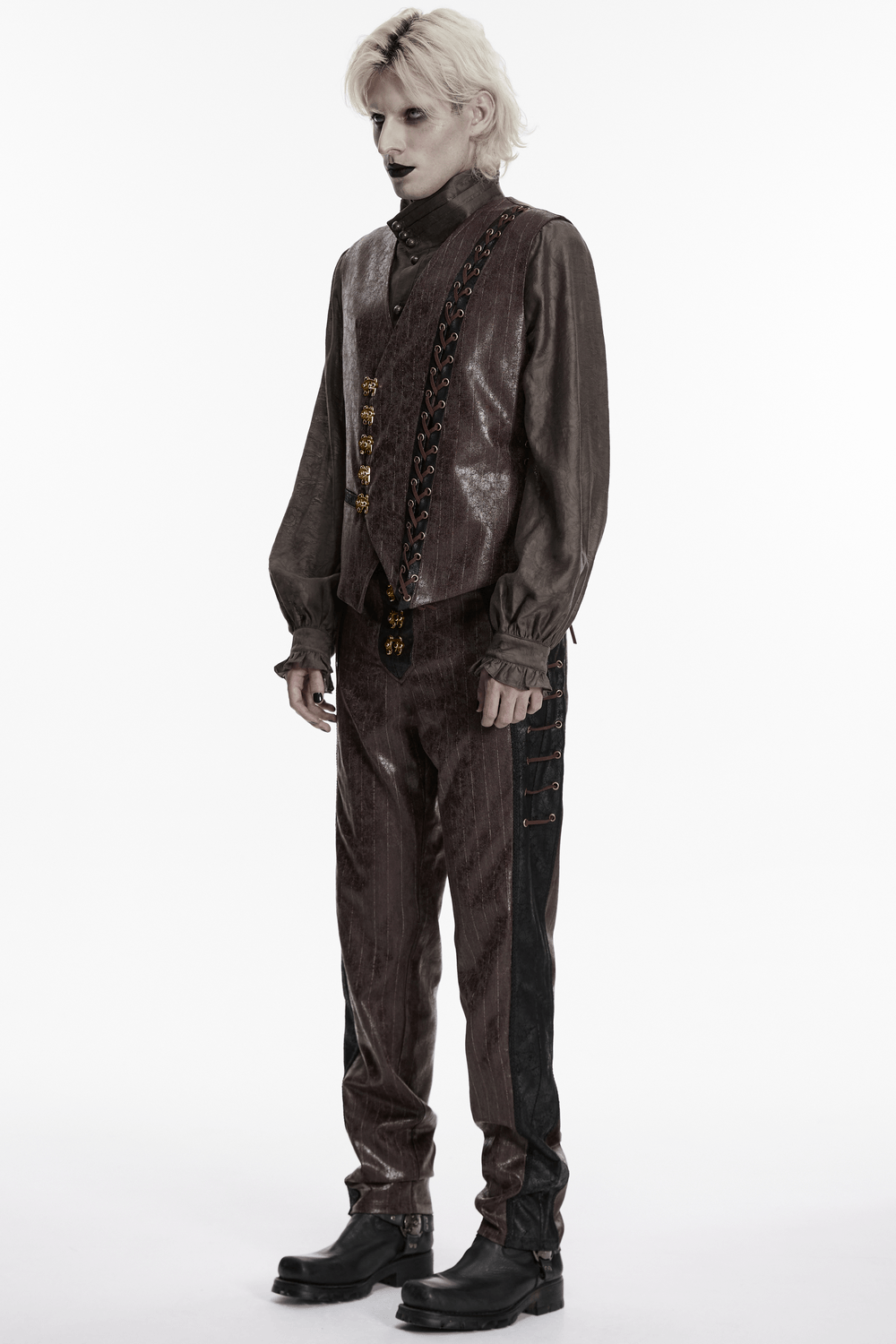 Brown Steampunk Faux Leather Striped Pants with Clasps