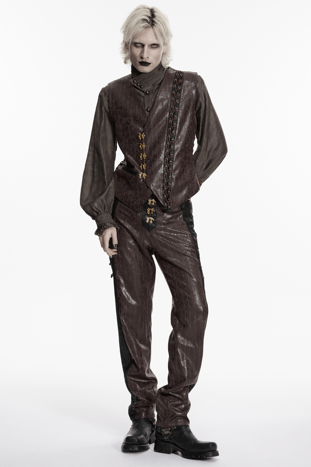 Brown Steampunk Faux Leather Striped Pants with Clasps