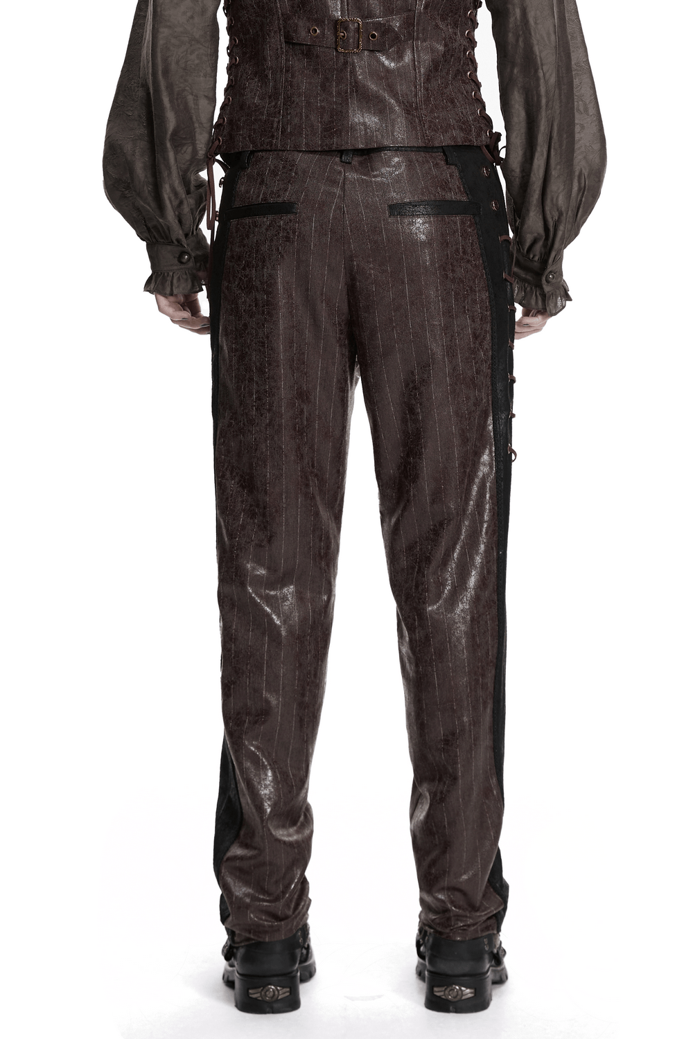 Brown Steampunk Faux Leather Striped Pants with Clasps