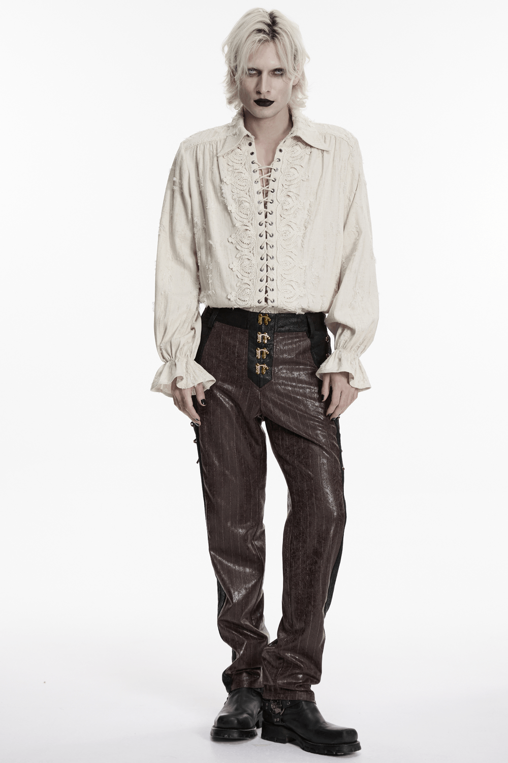 Brown Steampunk Faux Leather Striped Pants with Clasps