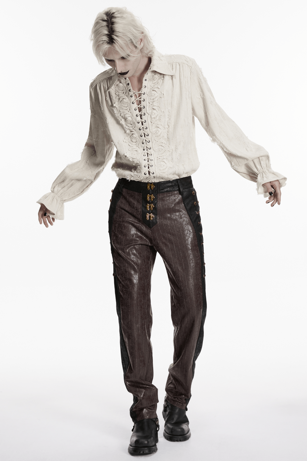 Brown Steampunk Faux Leather Striped Pants with Clasps