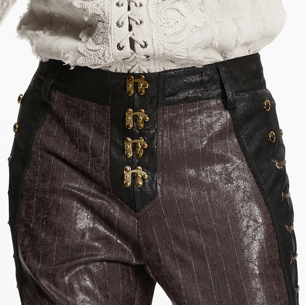 Brown Steampunk Faux Leather Striped Pants with Clasps