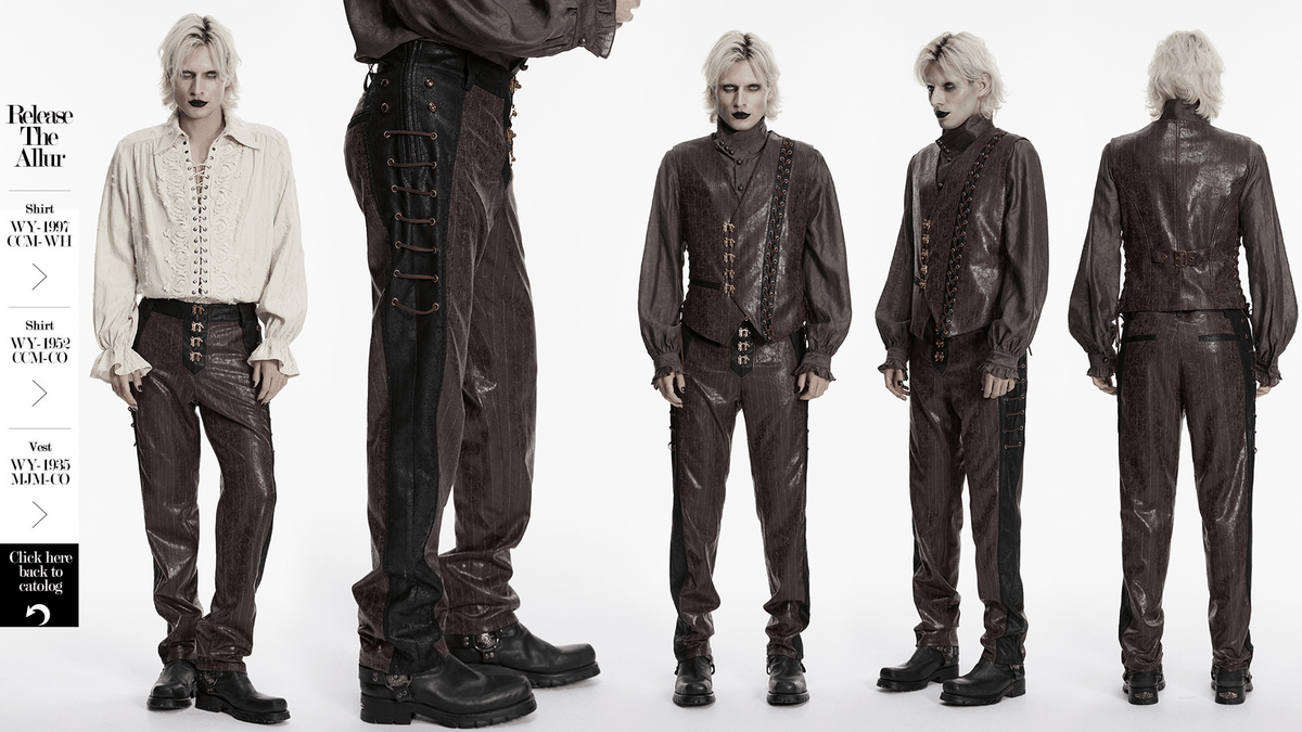 Brown Steampunk Faux Leather Striped Pants with Clasps
