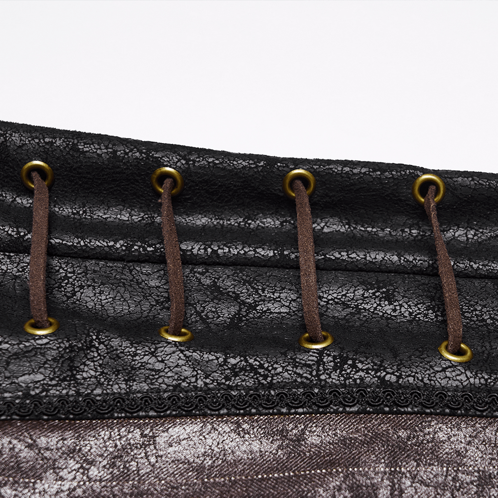 Brown Steampunk Faux Leather Striped Pants with Clasps
