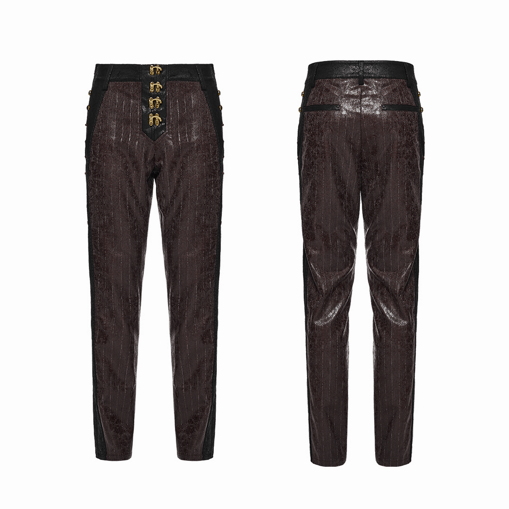 Brown Steampunk Faux Leather Striped Pants with Clasps