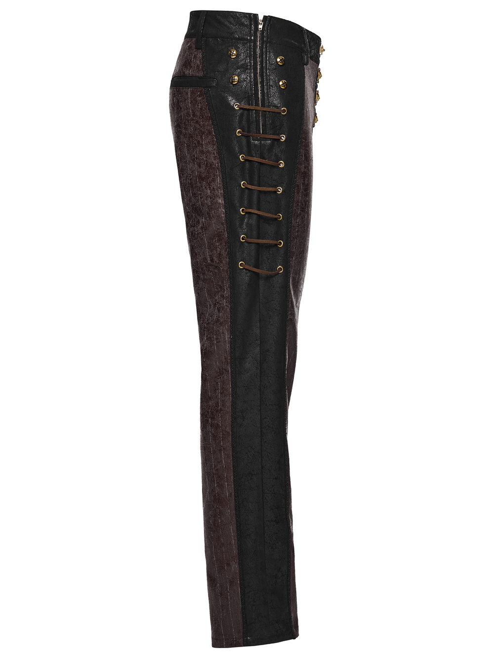 Brown Steampunk Faux Leather Striped Pants with Clasps