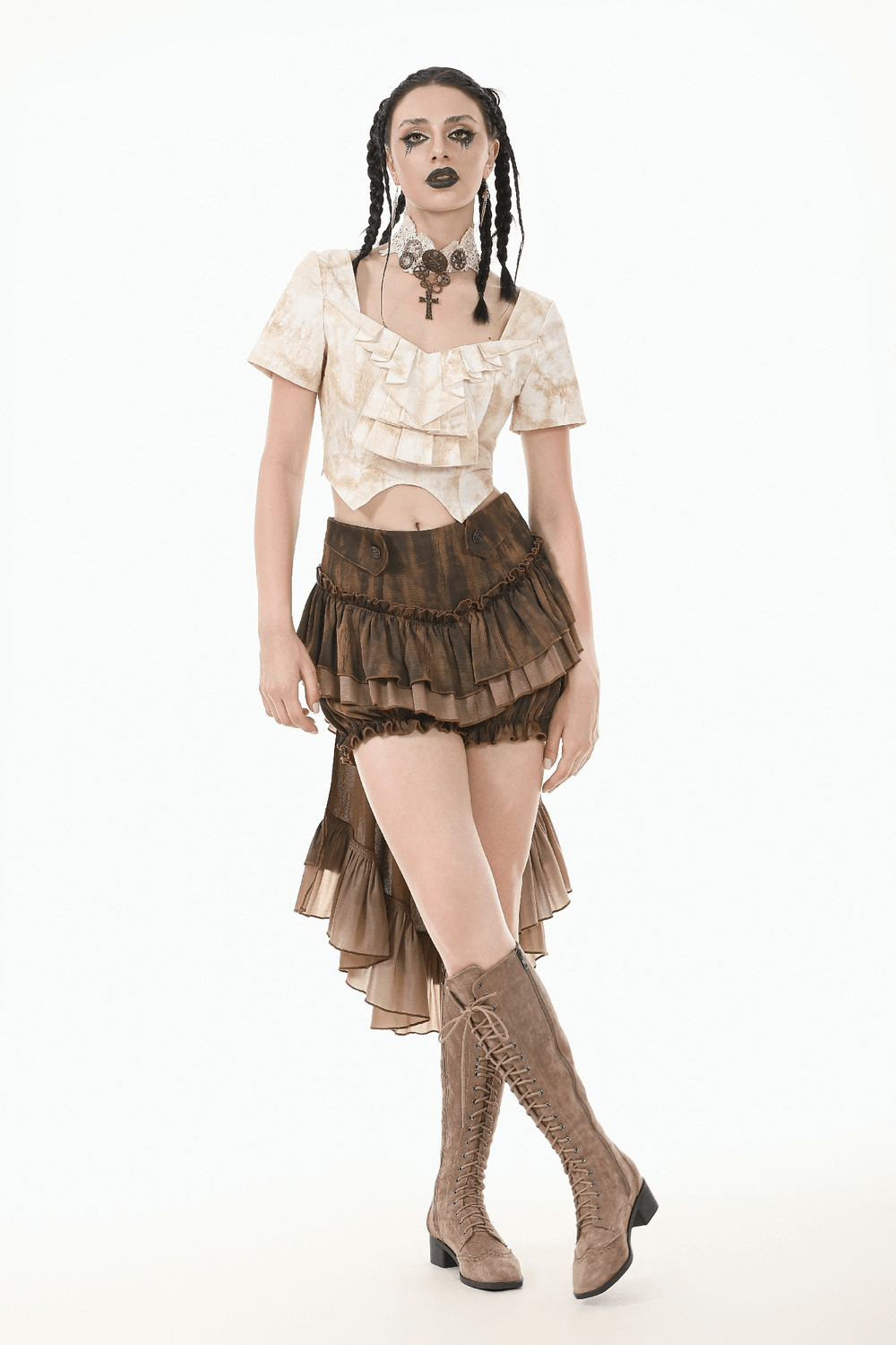 Brown Steampunk Ruffled Skirt Shorts with Long Back Hem