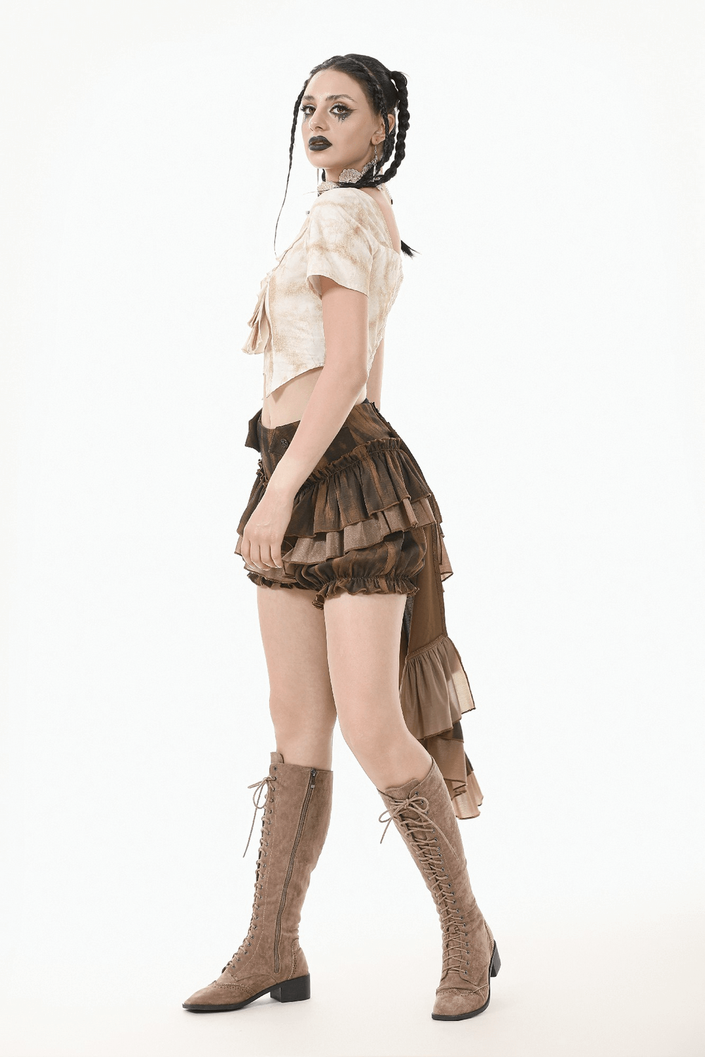 Brown Steampunk Ruffled Skirt Shorts with Long Back Hem