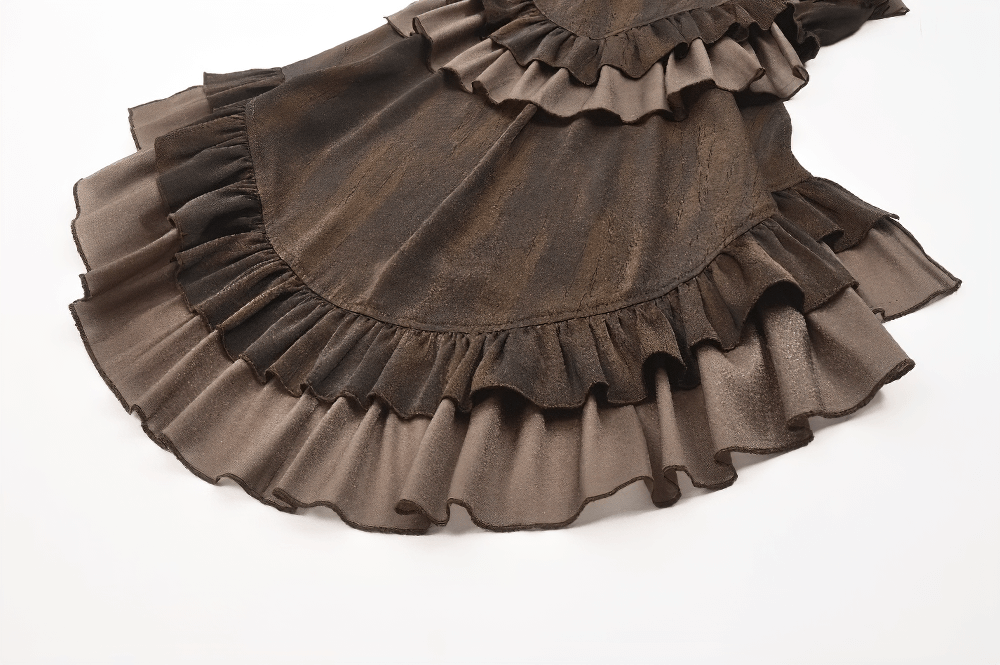 Brown Steampunk Ruffled Skirt Shorts with Long Back Hem