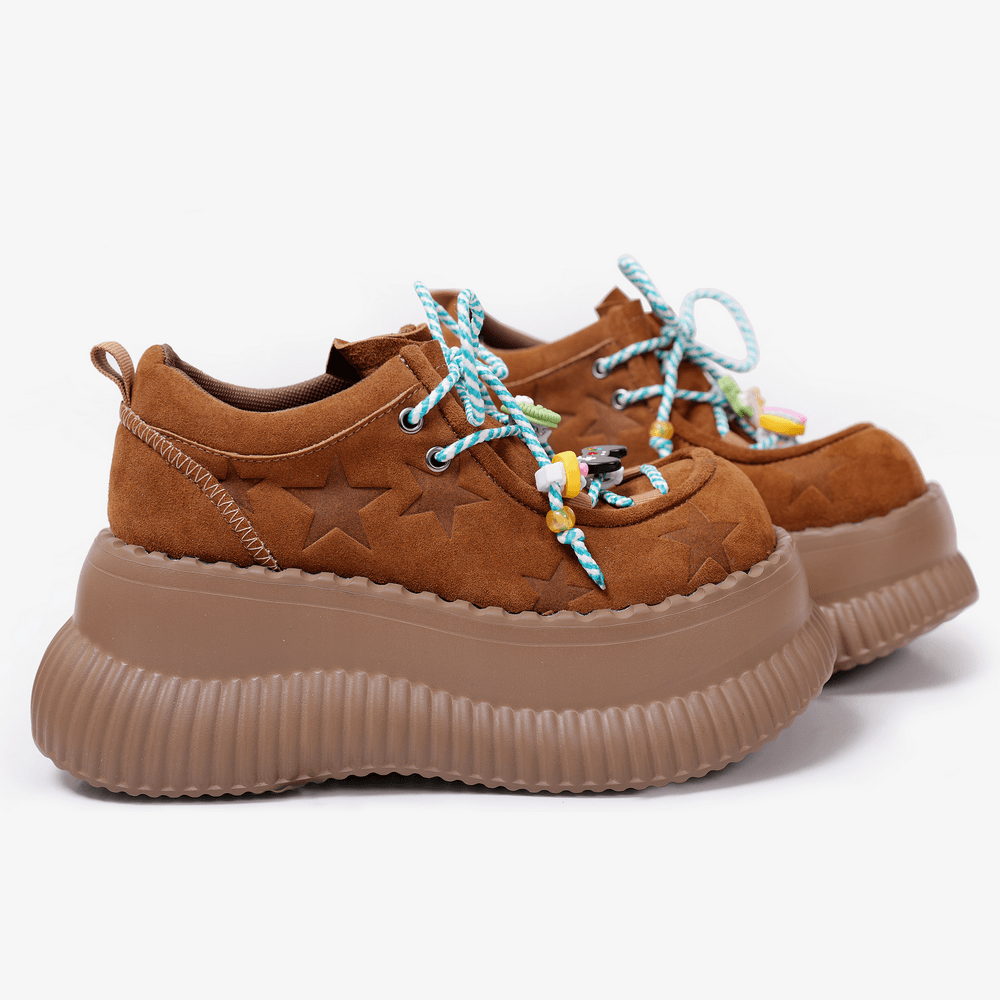 Brown Suede Platform Sneakers With Star Embossing