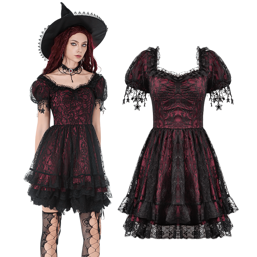 Burgundy Gothic Lace Corset Dress with Star Charm Sleeves