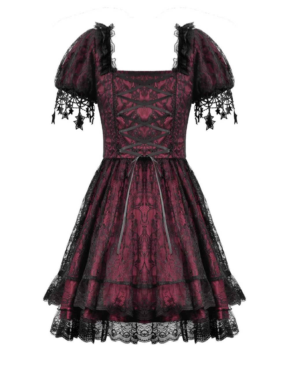 Burgundy Gothic Lace Corset Dress with Star Charm Sleeves