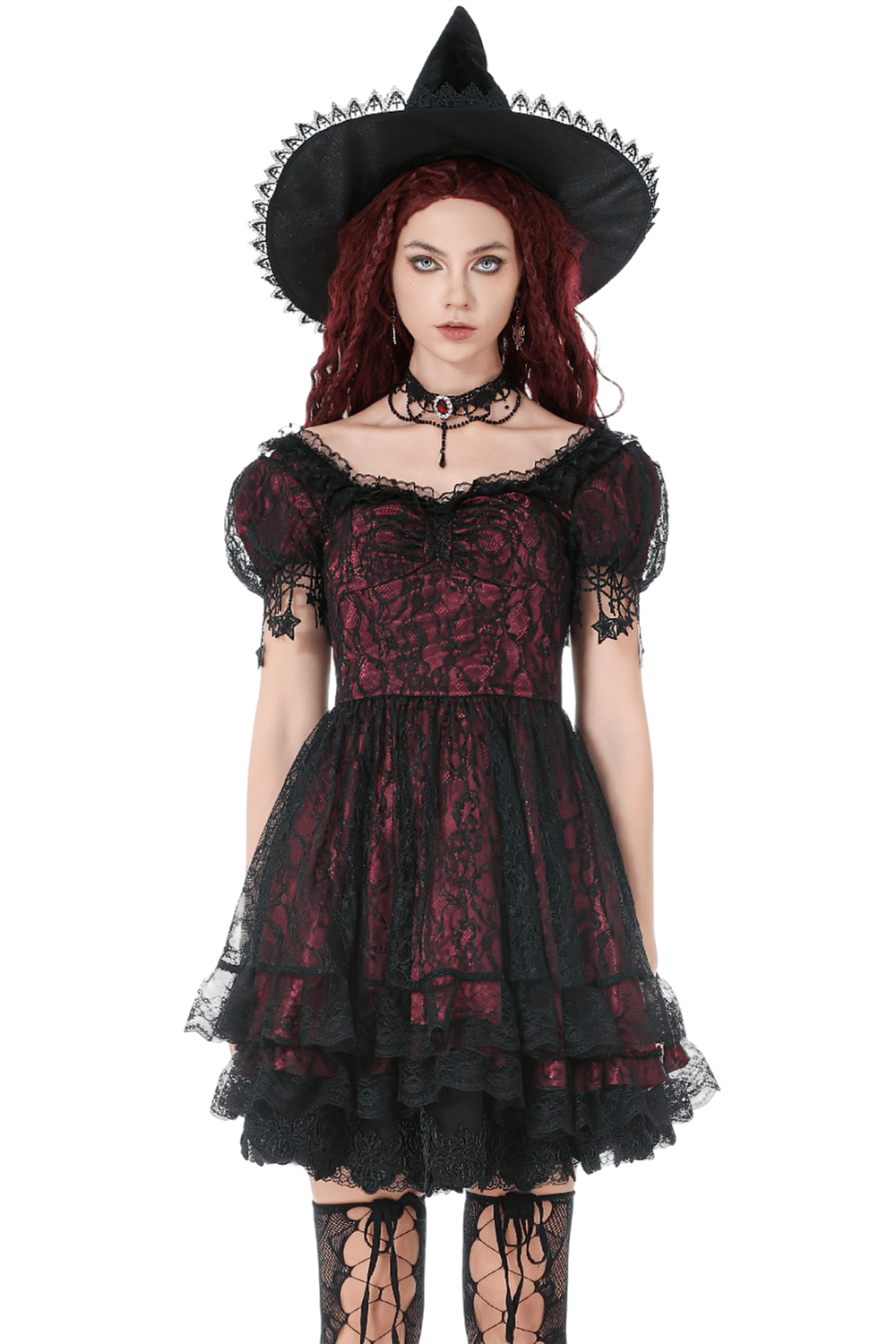 Burgundy Gothic Lace Corset Dress with Star Charm Sleeves