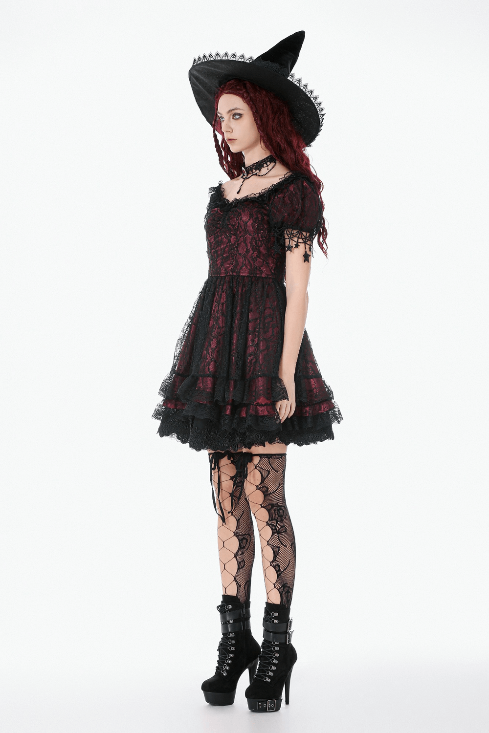 Burgundy Gothic Lace Corset Dress with Star Charm Sleeves