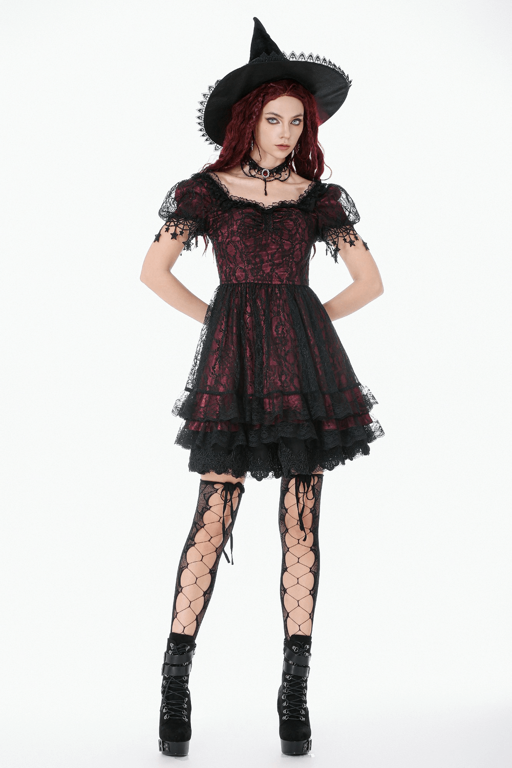 Burgundy Gothic Lace Corset Dress with Star Charm Sleeves