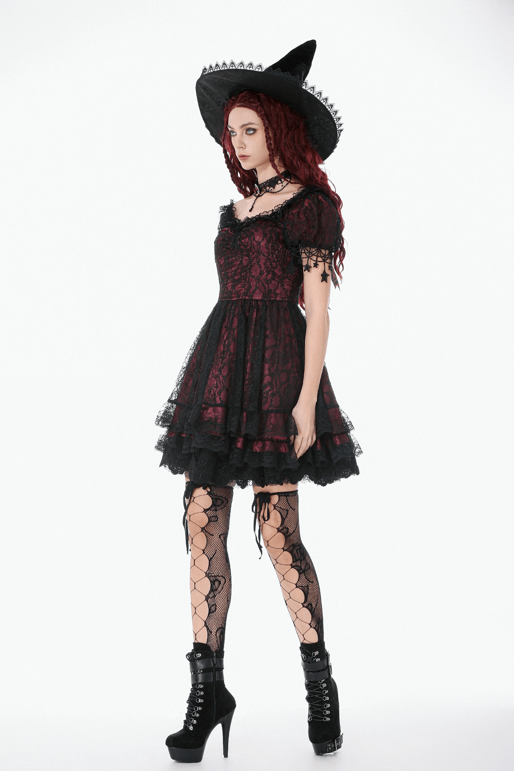 Burgundy Gothic Lace Corset Dress with Star Charm Sleeves