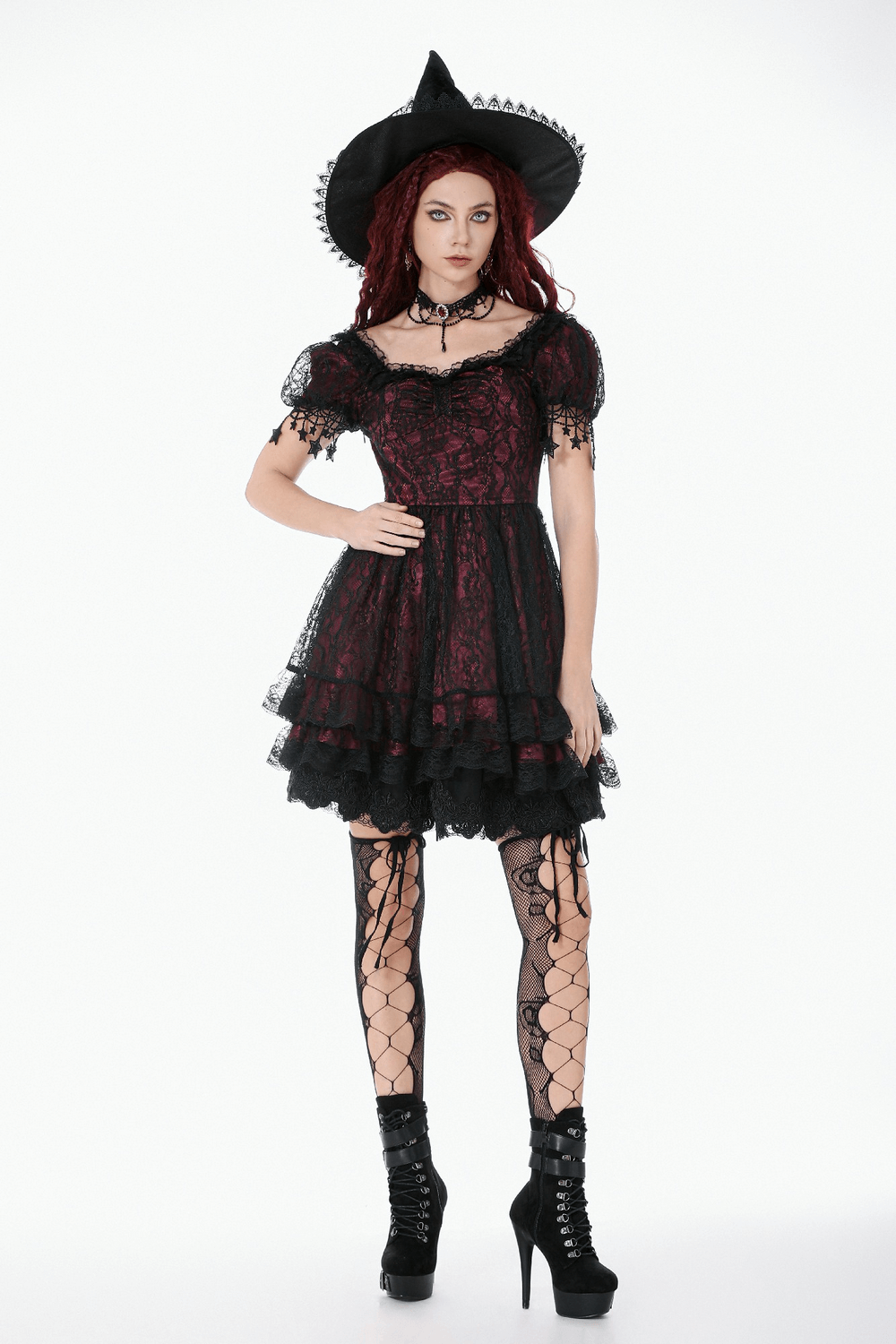 Burgundy Gothic Lace Corset Dress with Star Charm Sleeves