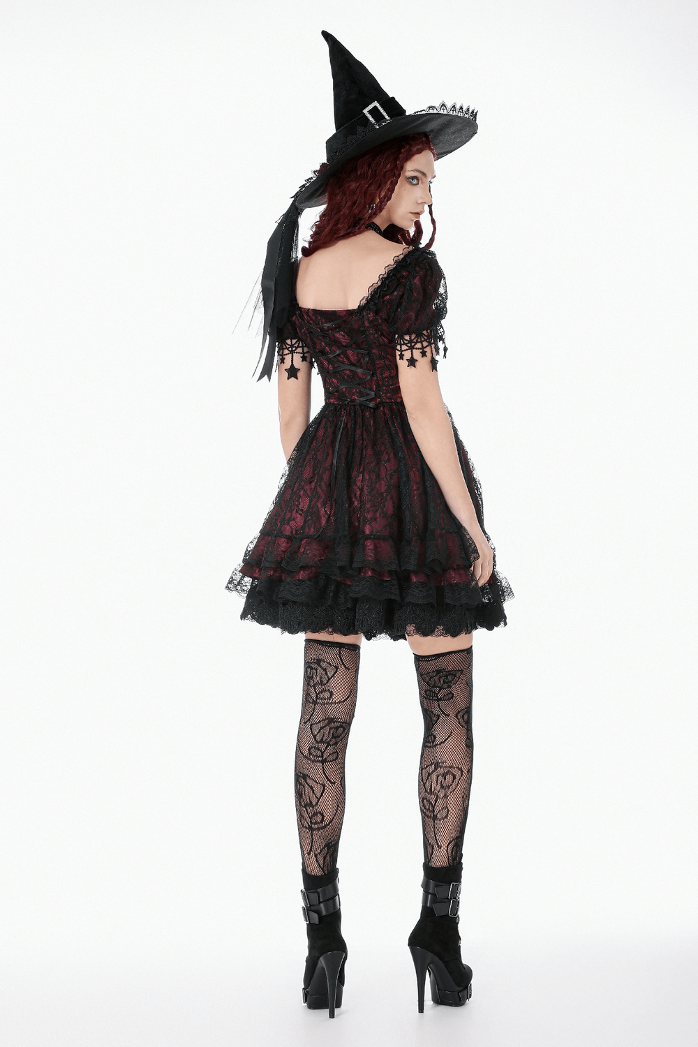 Burgundy Gothic Lace Corset Dress with Star Charm Sleeves