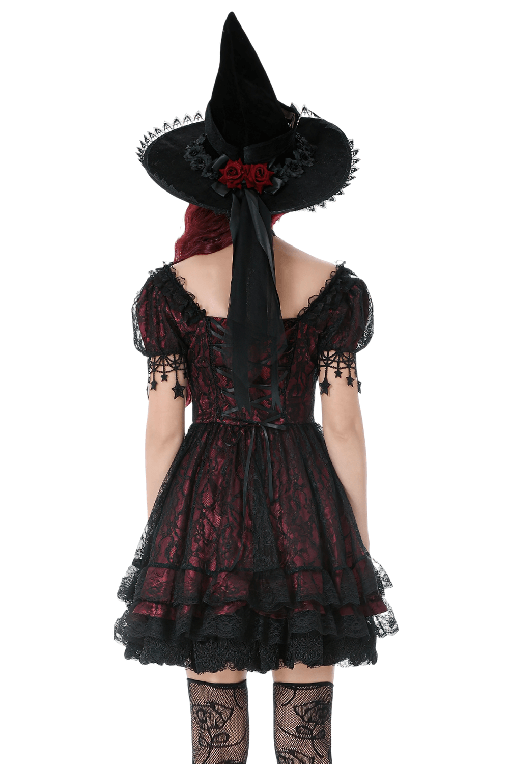Burgundy Gothic Lace Corset Dress with Star Charm Sleeves