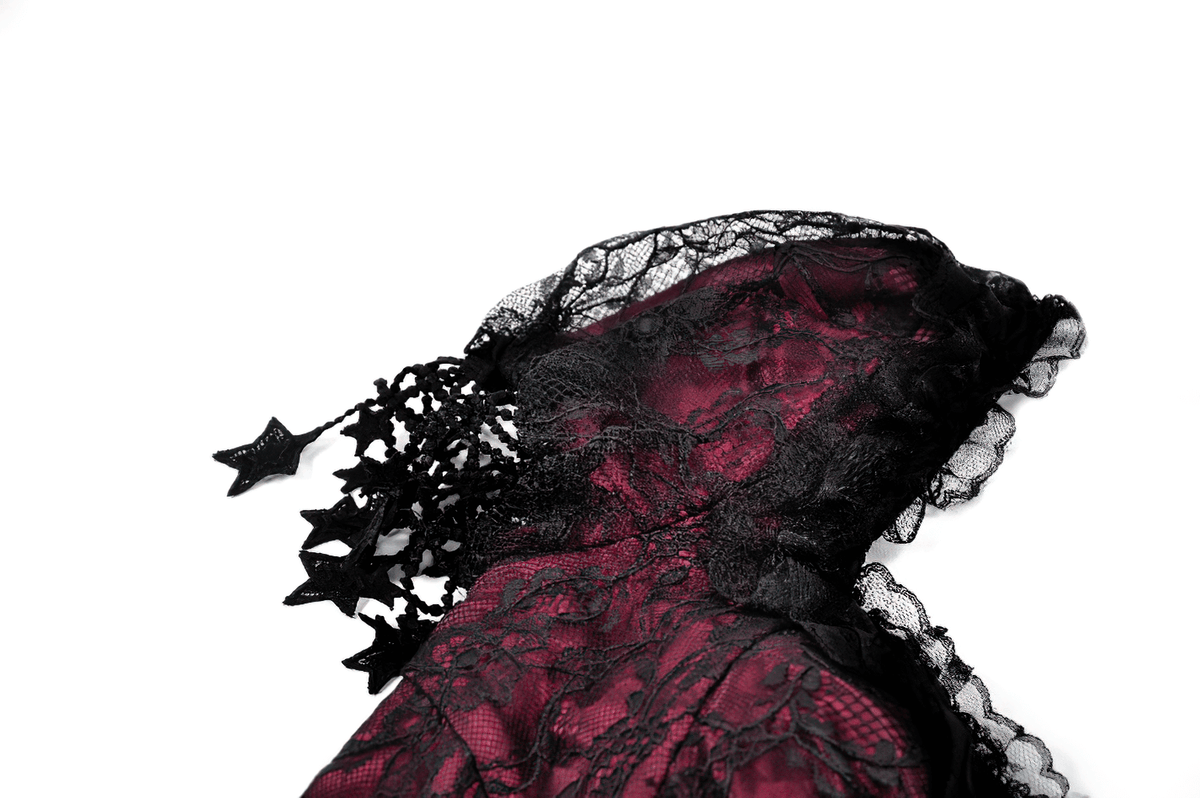 Burgundy Gothic Lace Corset Dress with Star Charm Sleeves