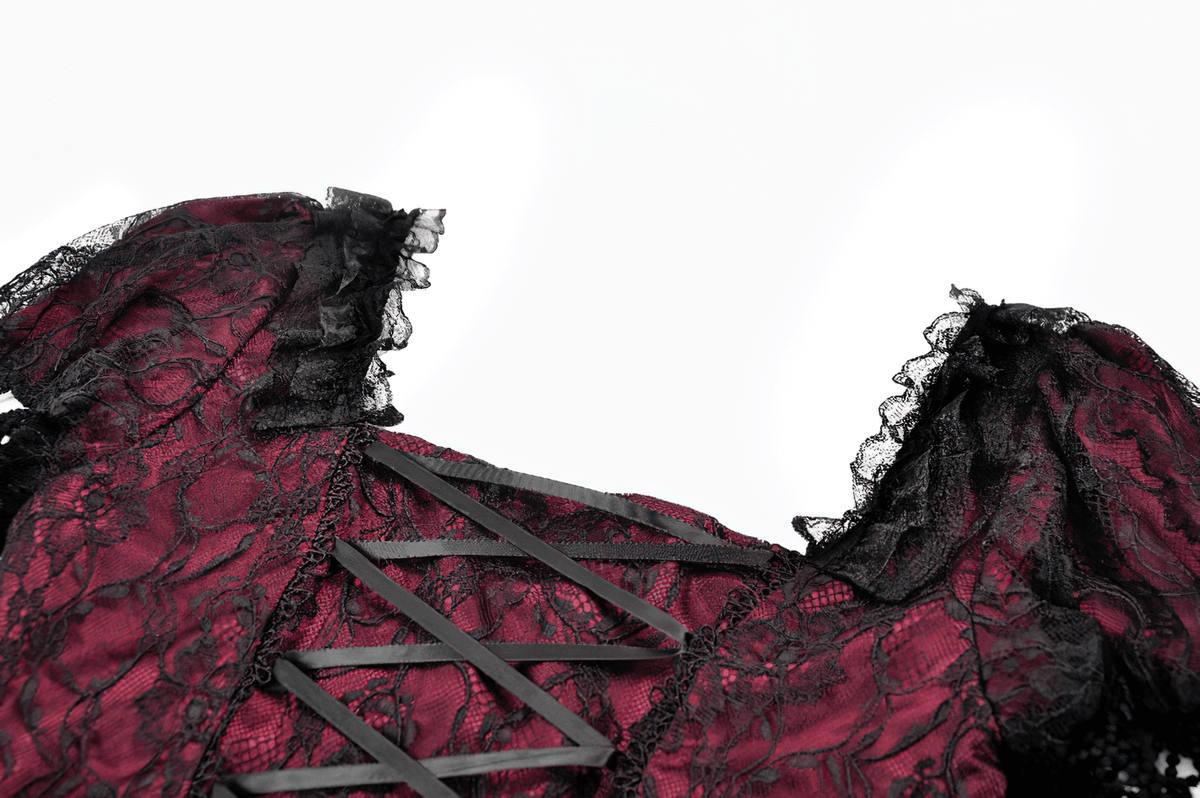 Burgundy Gothic Lace Corset Dress with Star Charm Sleeves