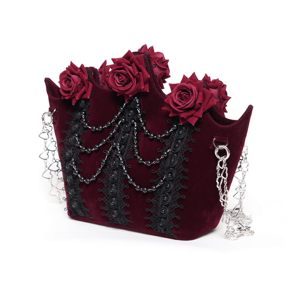 Burgundy Gothic Rose Handbag with Lace and Chains