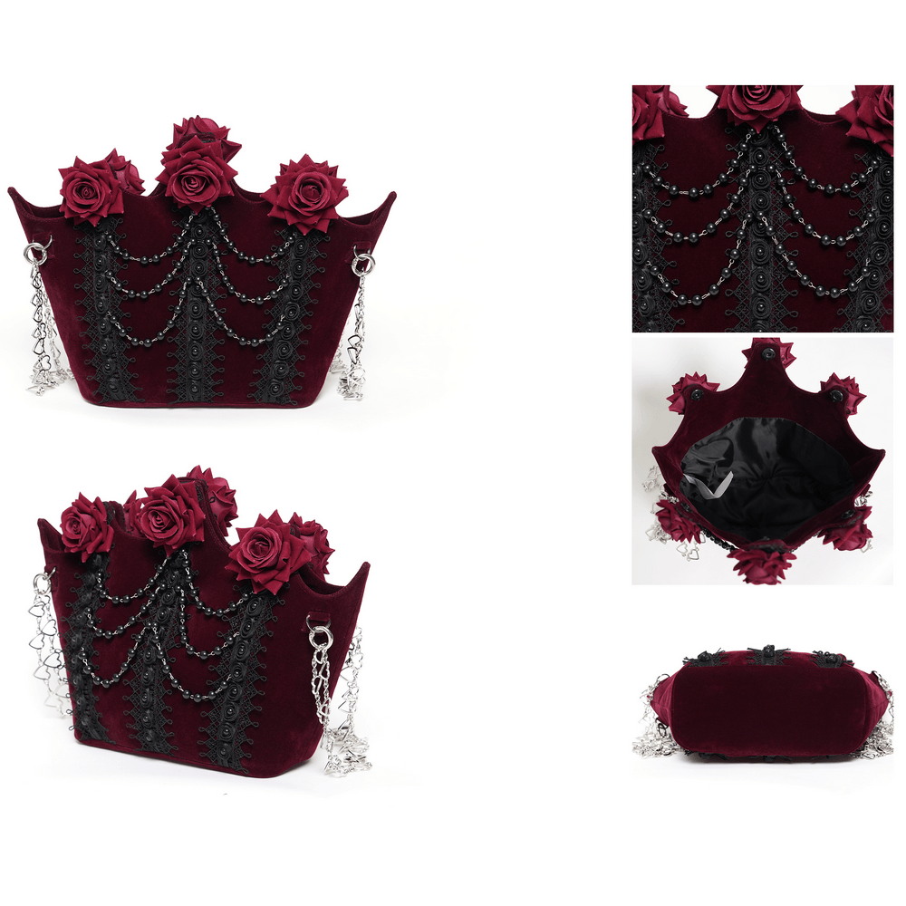 Burgundy Gothic Rose Handbag with Lace and Chains