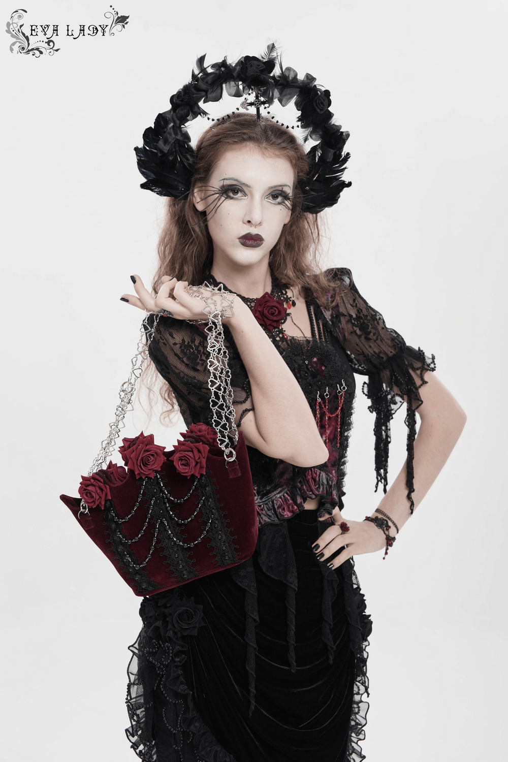 Burgundy Gothic Rose Handbag with Lace and Chains