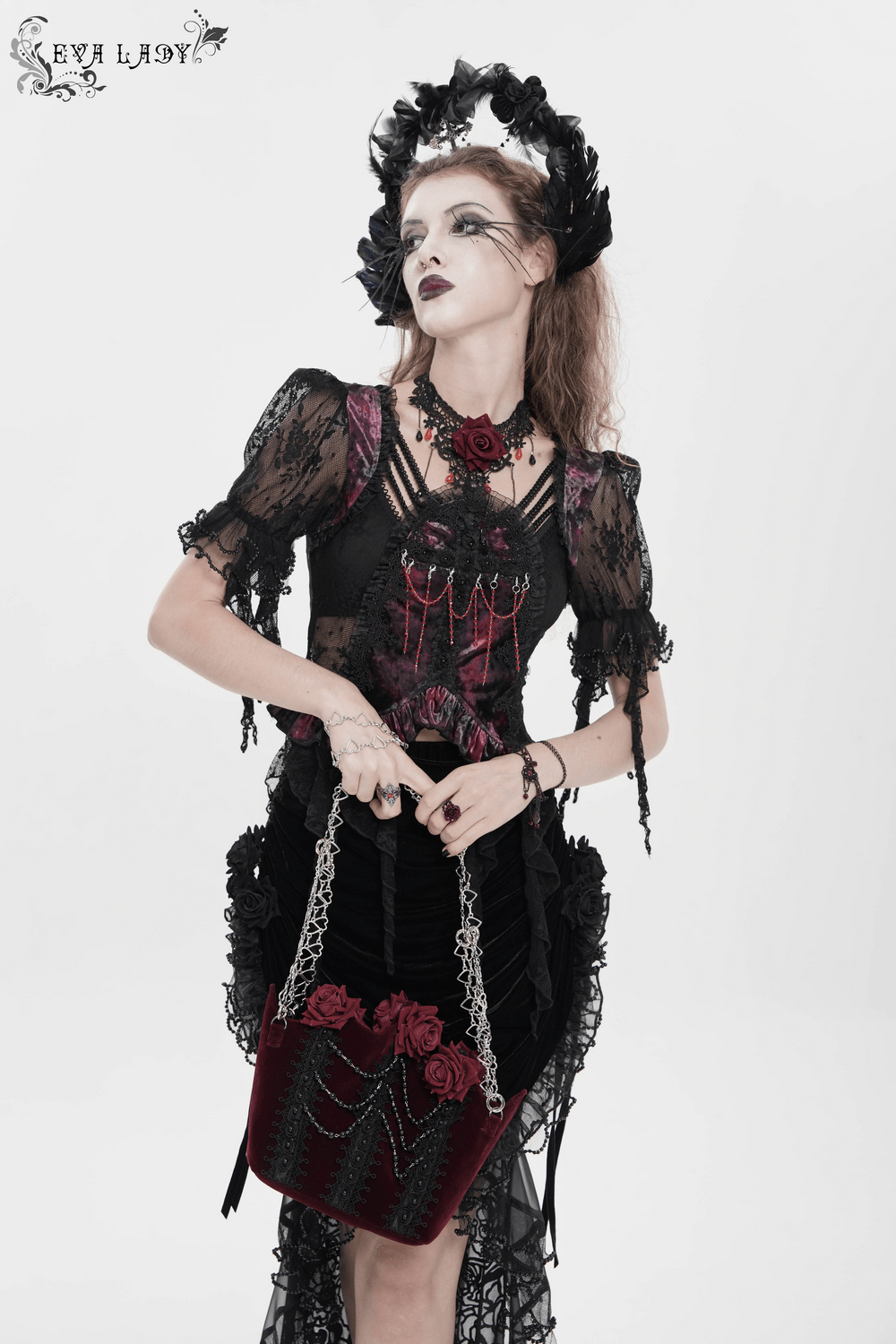 Burgundy Gothic Rose Handbag with Lace and Chains