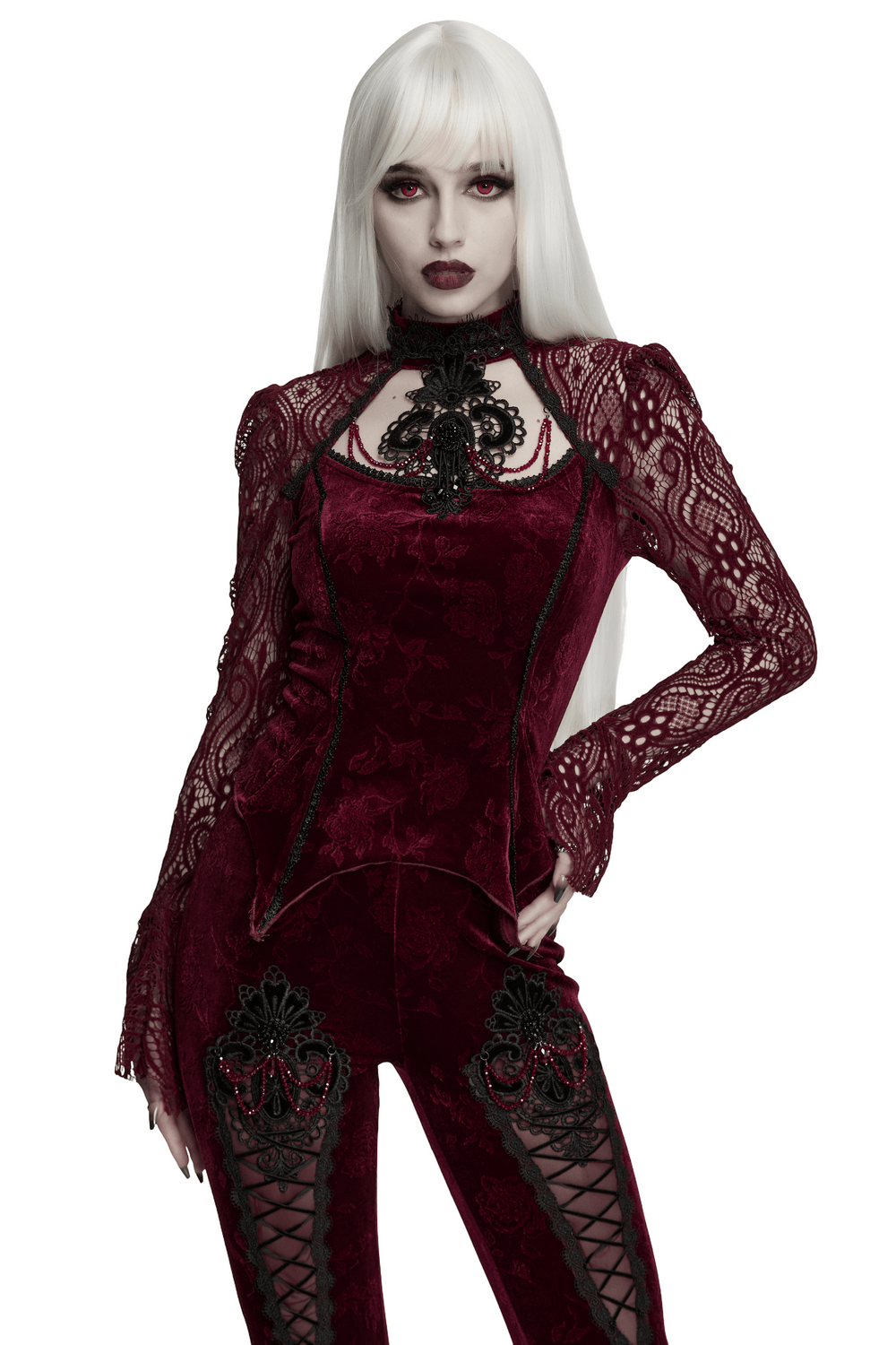 Burgundy Gothic Velvet Lace Top with Corset Back