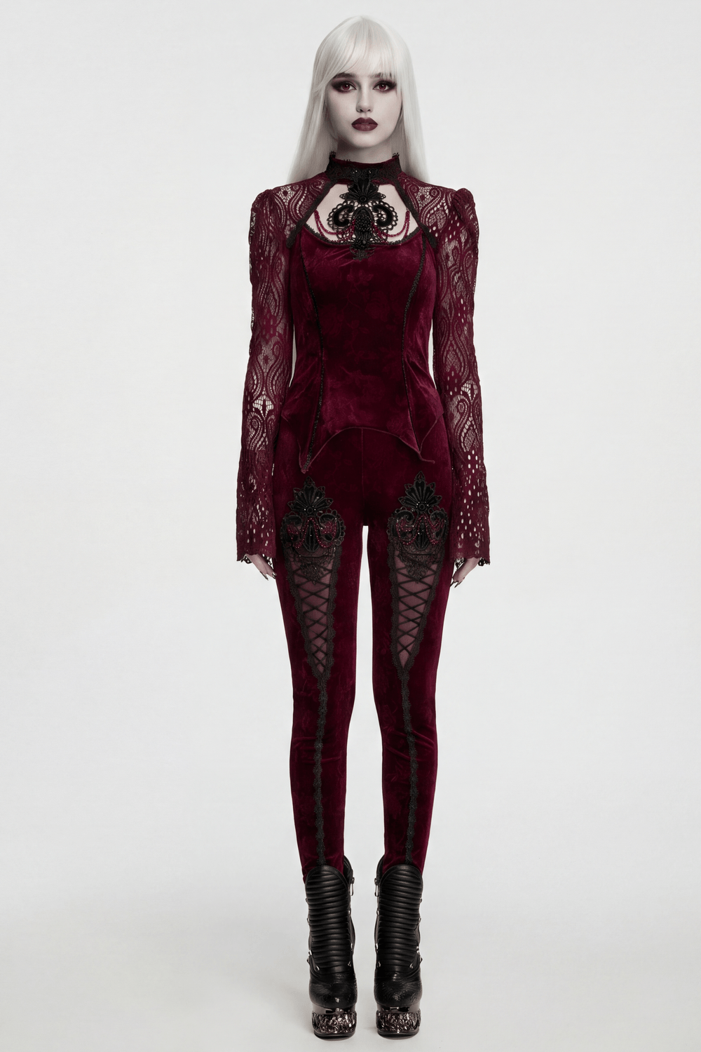 Burgundy Gothic Velvet Lace Top with Corset Back