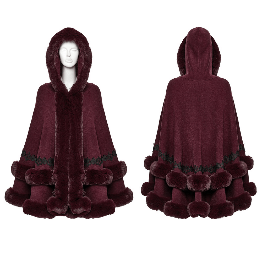 Burgundy Hooded Cloak with Fur Trim and Lace Hem