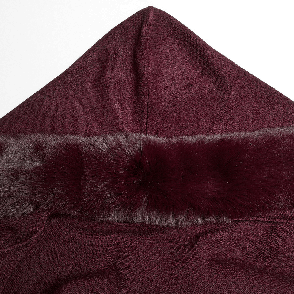 Burgundy Hooded Cloak with Fur Trim and Lace Hem
