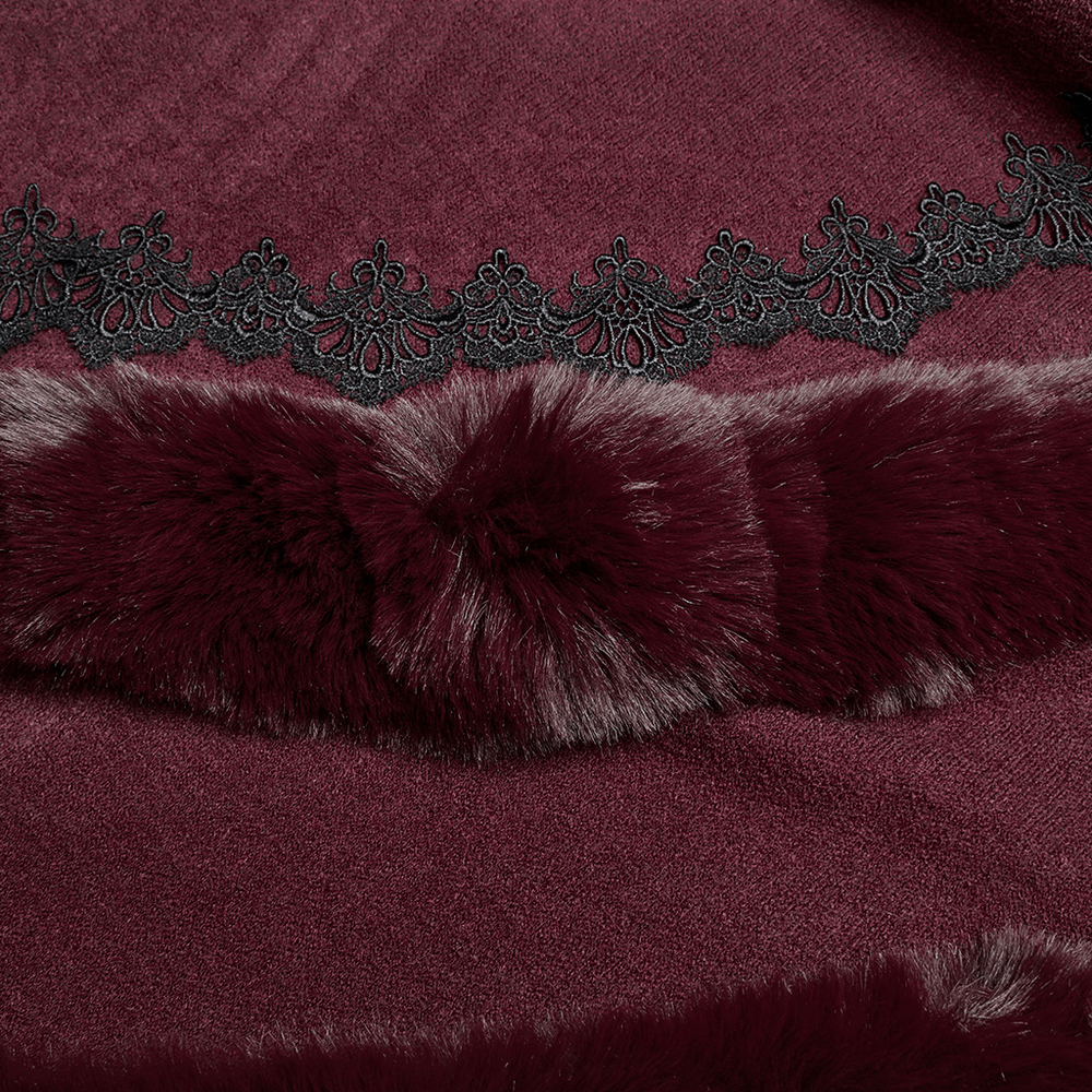 Burgundy Hooded Cloak with Fur Trim and Lace Hem