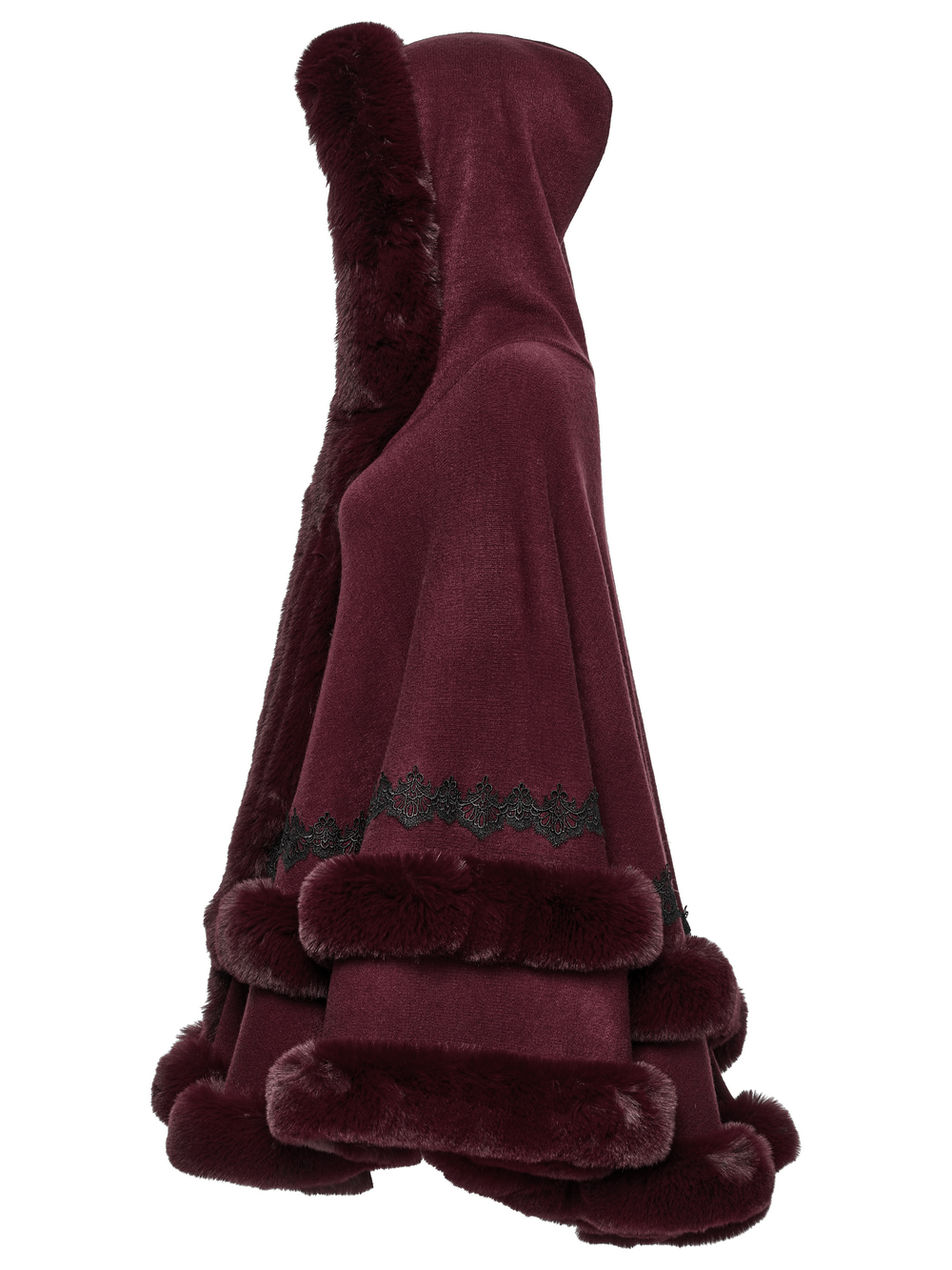 Burgundy Hooded Cloak with Fur Trim and Lace Hem